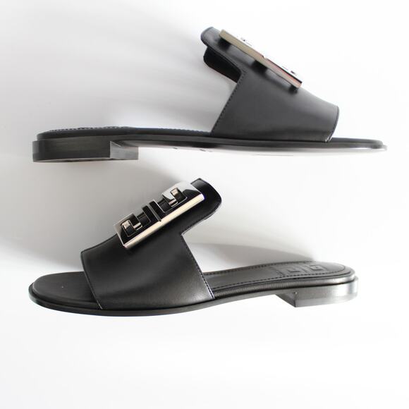 New Givenchy 4G Black Leather Silver Logo Slides - Picture 7 of 15